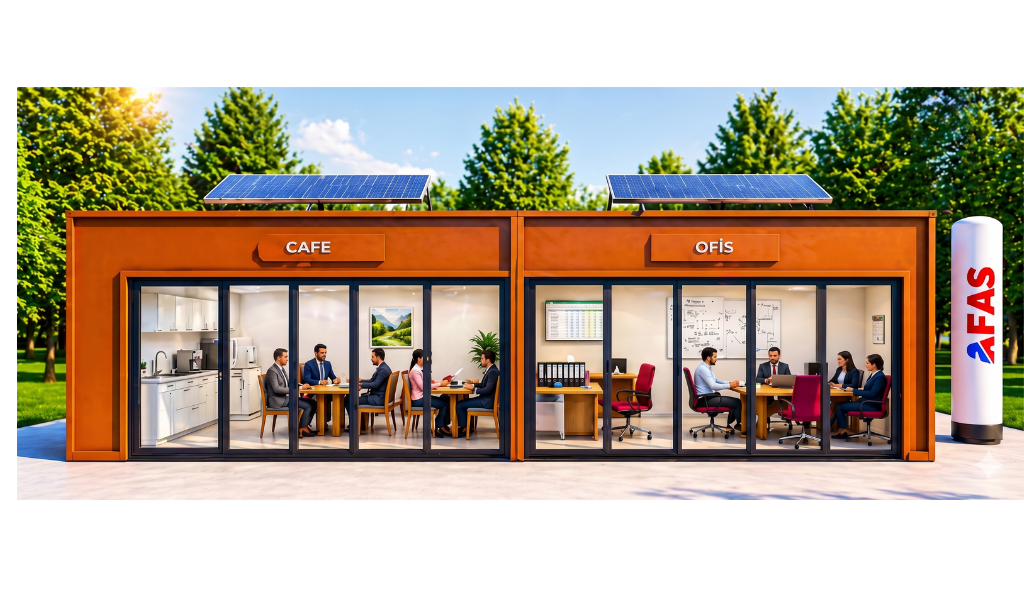 Lüks modüler kafe ve ofis binası, ahşap dokulu dış cephe, geniş cam pencereli modern mimari