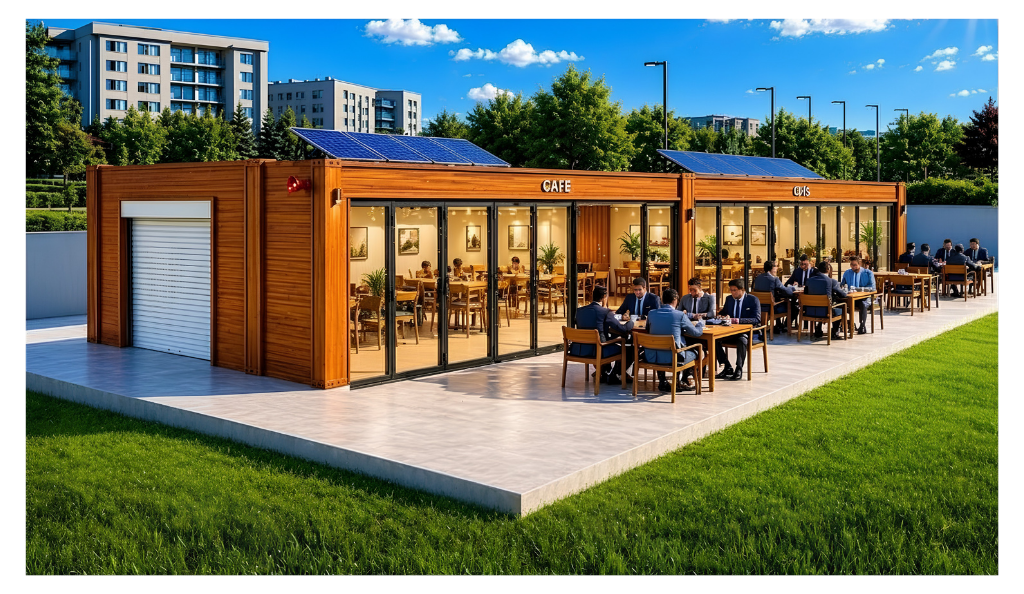 Lüks modüler kafe ve ofis binası, ahşap dokulu dış cephe, geniş cam pencereli modern mimari