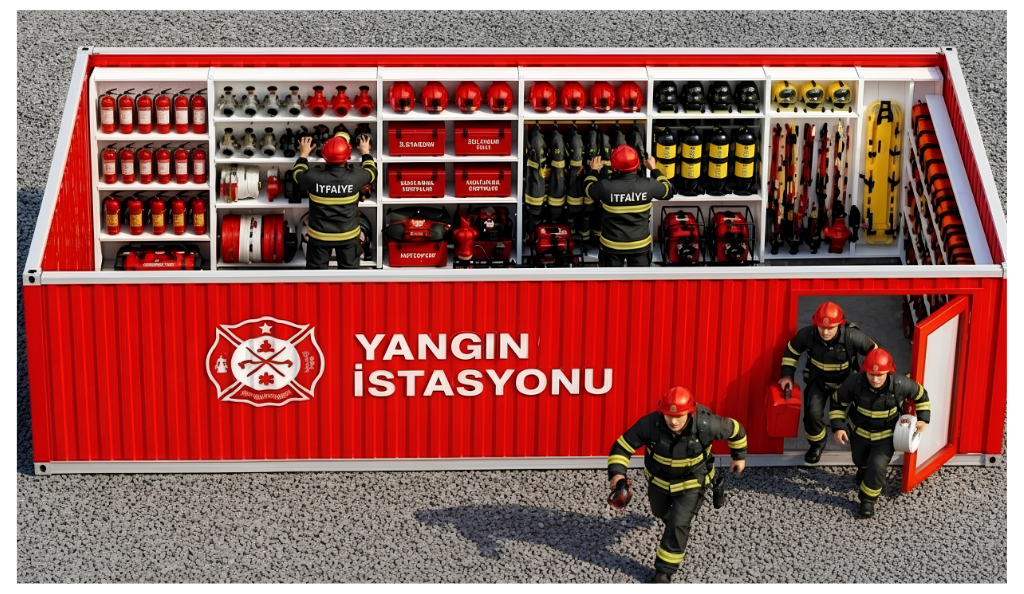 RAL 3000 kırmızı modüler yangın istasyonu, tam donanımlı ekipman bölmeleri, mobil acil durum ünitesi